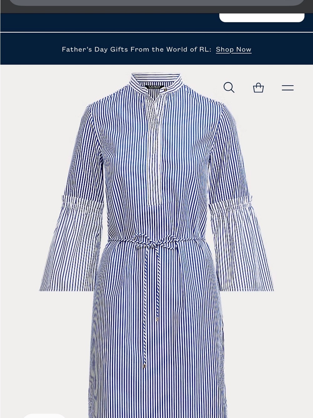 Ralph Lauren Cotton Blue and White Stripe Tie-Waist Shirt Dress, ruffled sleeves